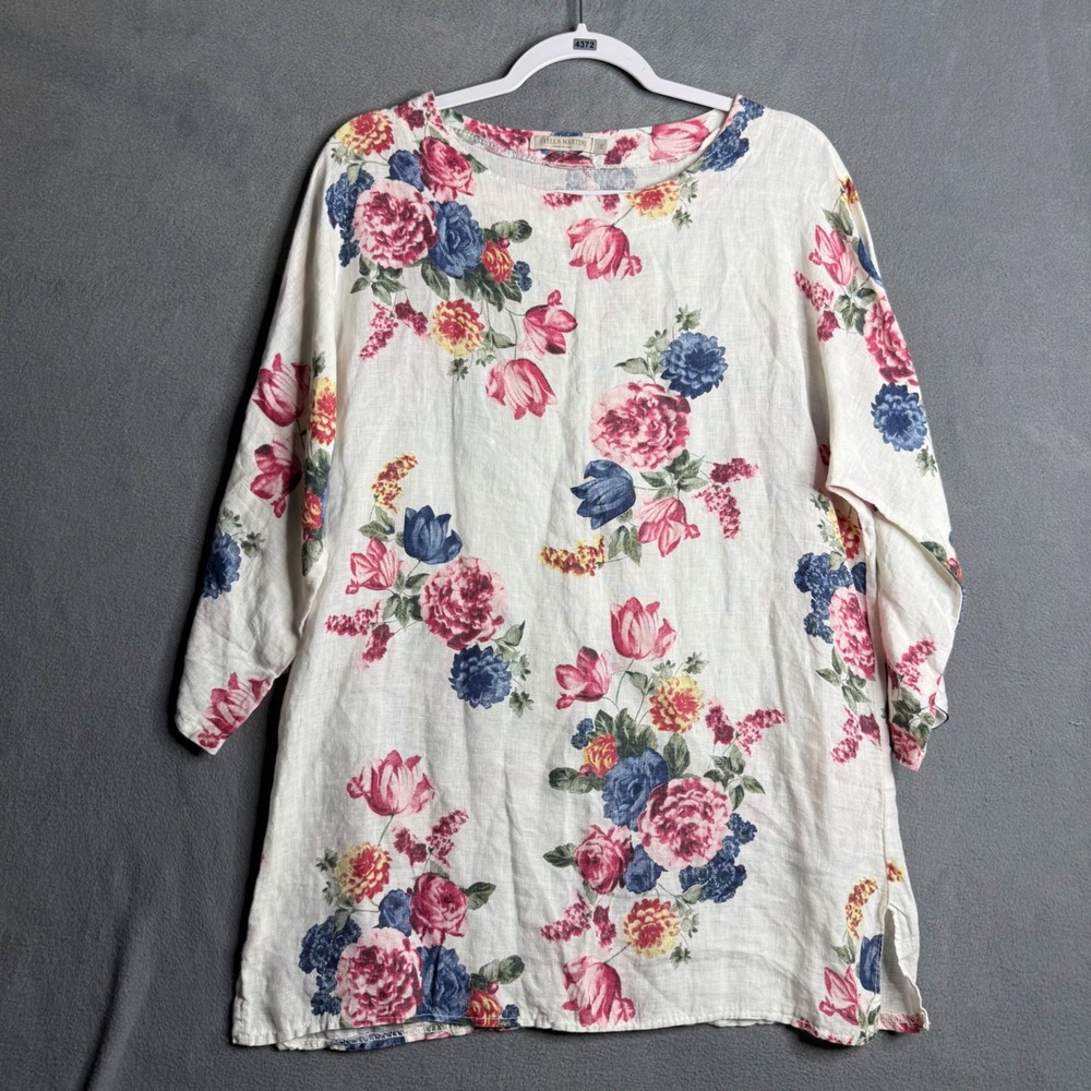Stella Martini Italy Floral Linen Tunic Top Size M Pink Blue Multicolor